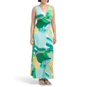 LONDON TIMES White/Green Shirred Wrap Sleeveless Maxi Dress